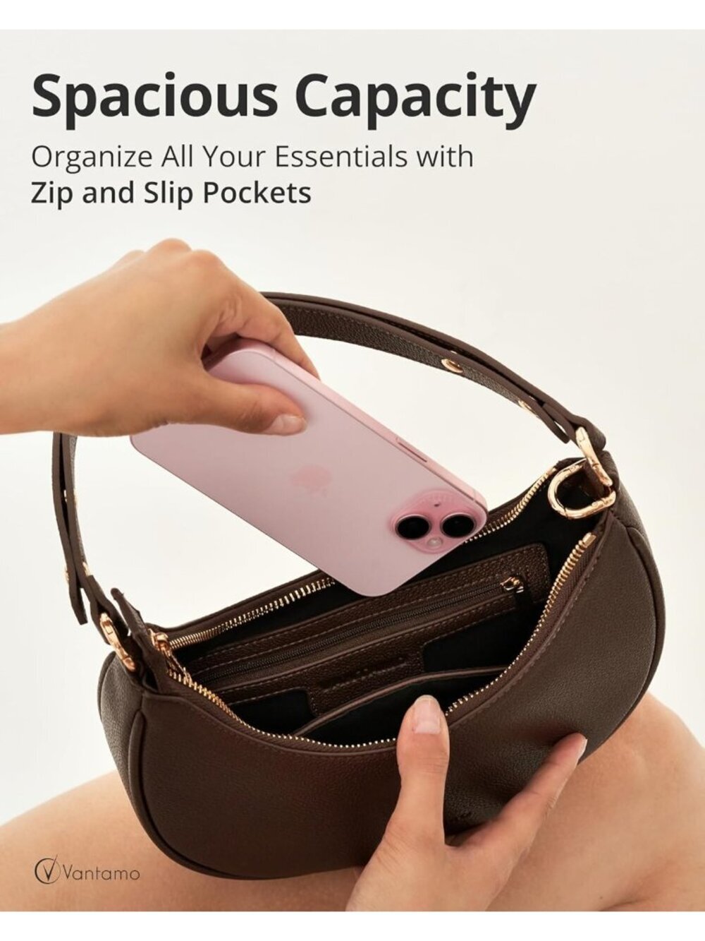 Vantamo Women's Bag Brown Half Moon Clutch with Anti-Theft Clip for Extra Safety - Picture 4 of 6